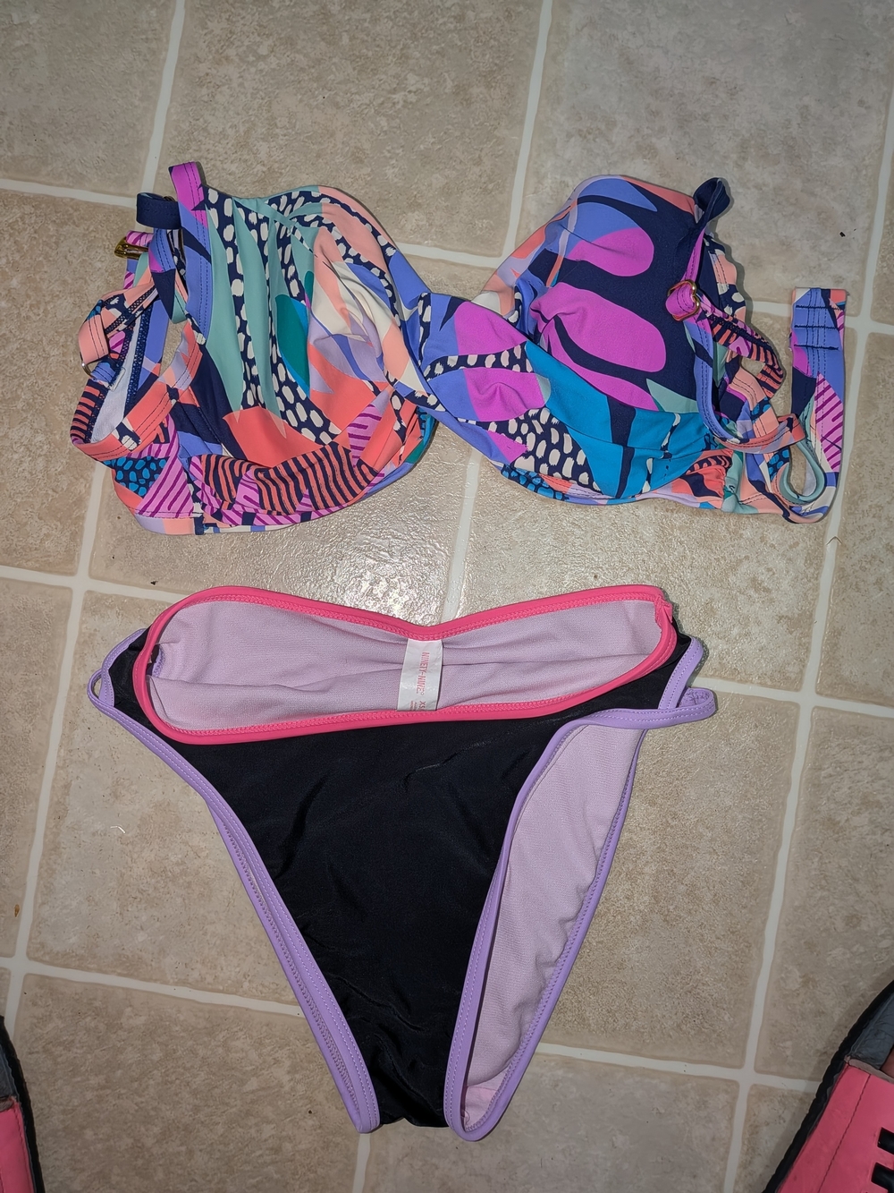 Colorful Abstract Print Underwire Bikini Top with Black & Lilac Bottom